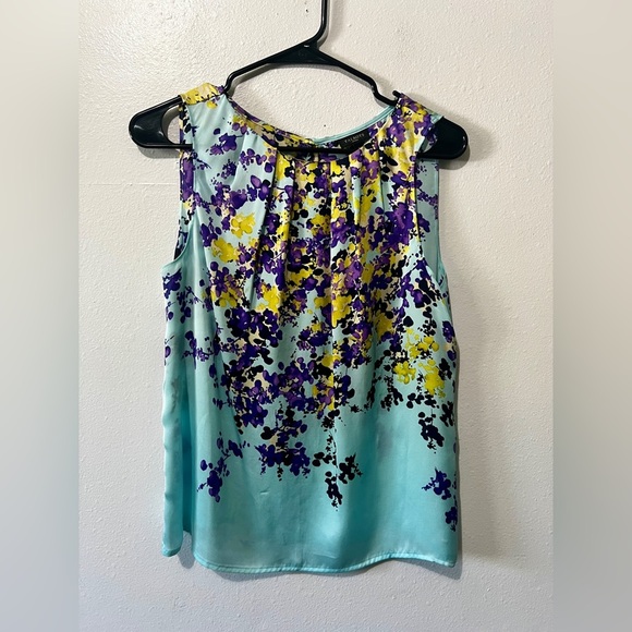 Talbots 100% Silk Aqua Floral Tank Top - Size 8P - Picture 3 of 9